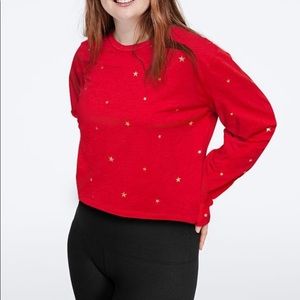 New VS PINK Brand large cropped long sleeve T-shirt red gold foil stars